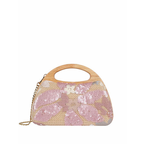 HIE Peach Wood Embellished Handheld Bag with Detachable Chain Strap