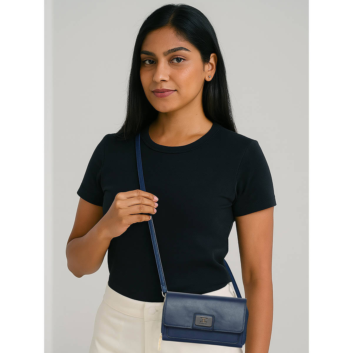 ESBEDA Navy Blue Pu Solid Slingbag with Detachable Strap