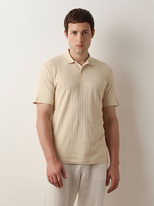 Selected Beige Organic Cotton Jacquard Polo T-Shirt
