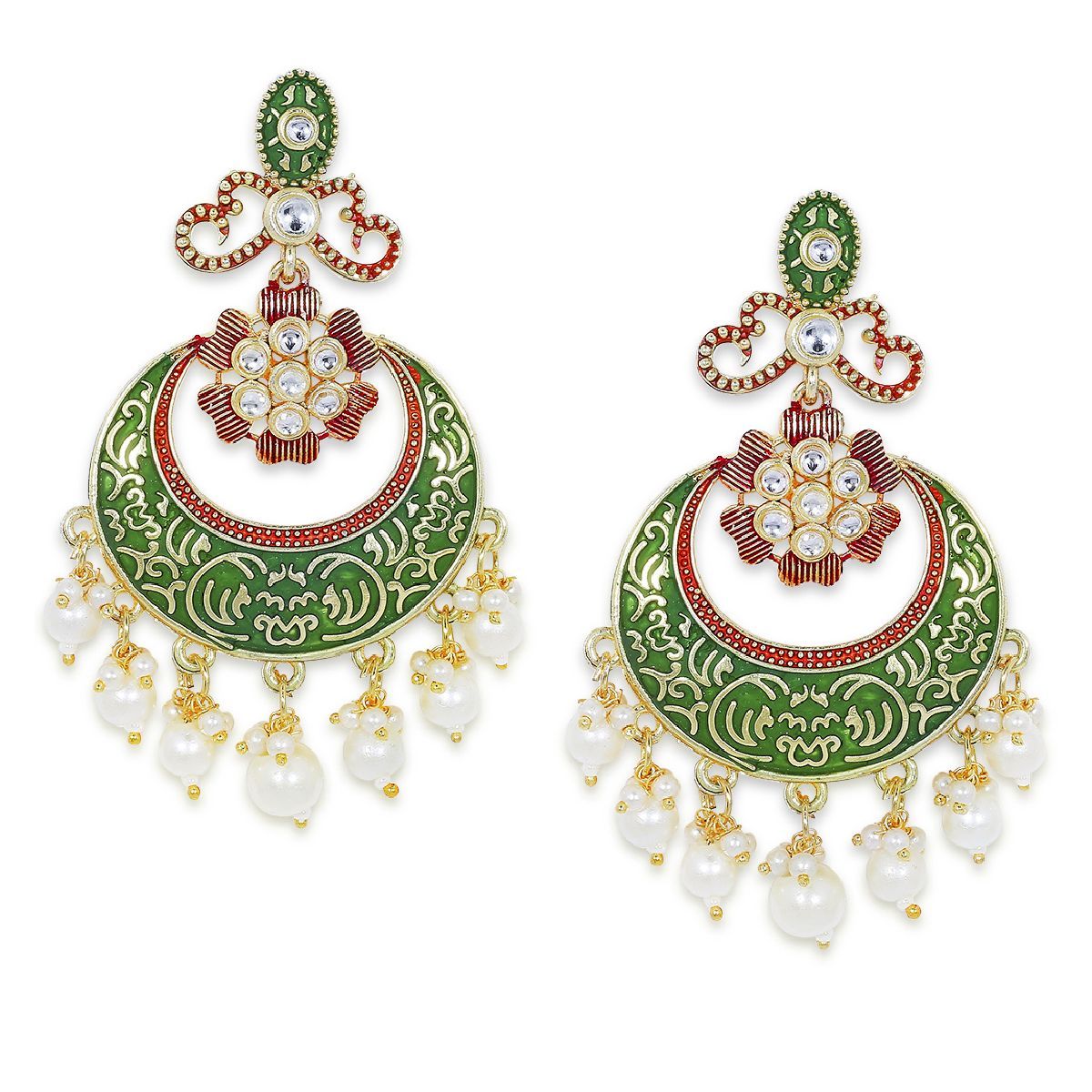 Fabula Green Meenakari Enamel with Kundan and Pearls Chandbali Earrings ...