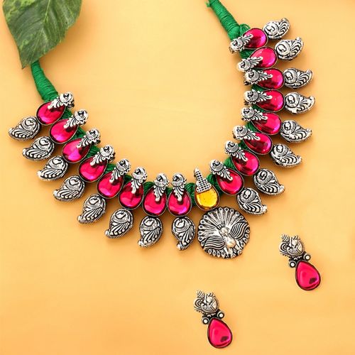 Yellow Chimes Oxidised Silver Handmade Maharashtrian Antique Necklace Set