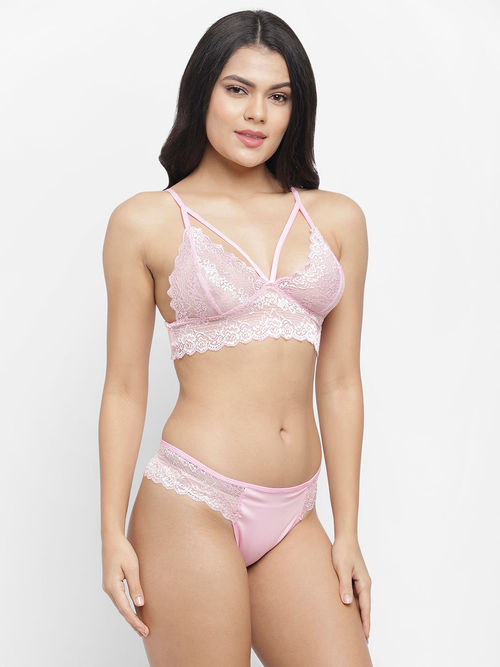 N-Gal Women's Exotic Deep Neck Lace Bra Underwear Lingerie Hipster Panty  Set - Pink (XXL)