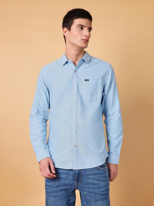 Wrangler Mens Solid Blue Casual Shirt