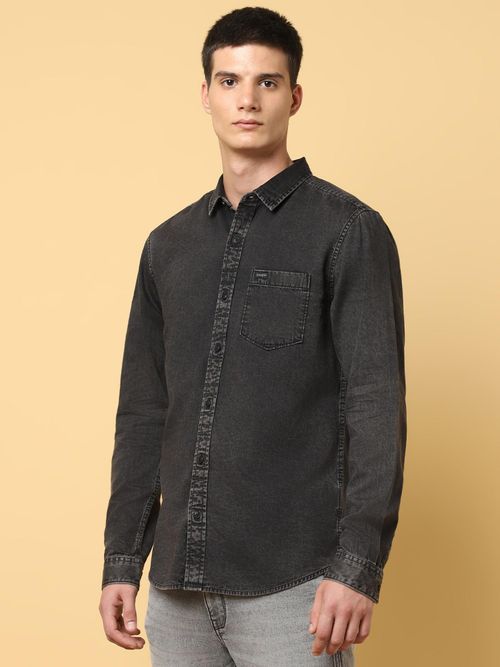 Wrangler Mens Solid Black Denim Casual Shirt