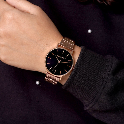 Round Louis Vuitton Rose Gold Black Dial Leather Watch, For Daily