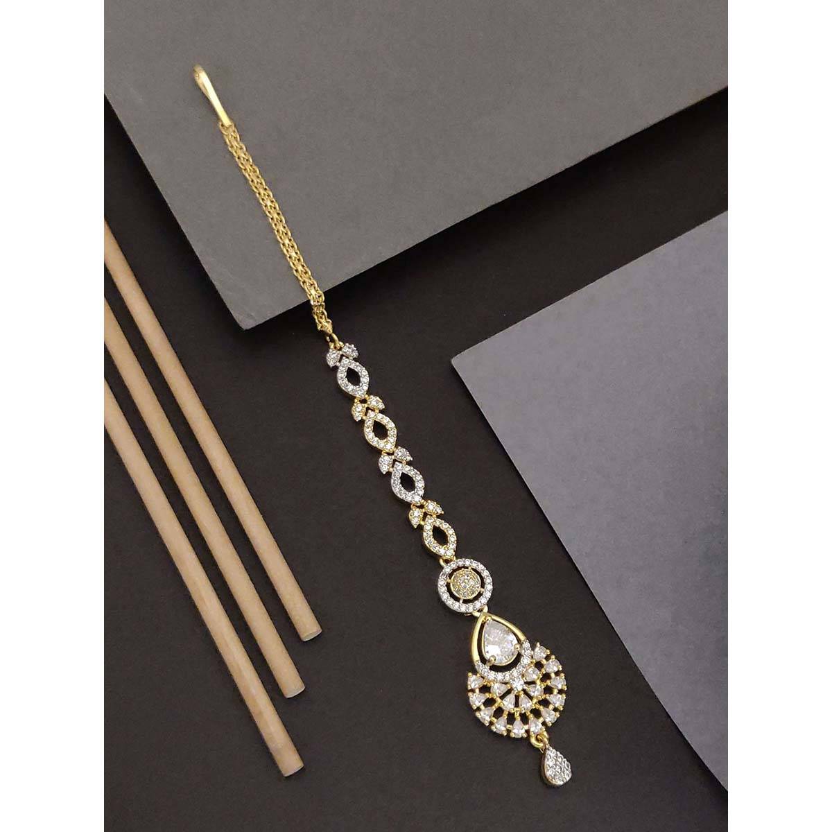 Abdesigns Elite Gold Plated Stylish White American Diamond Maangtikka