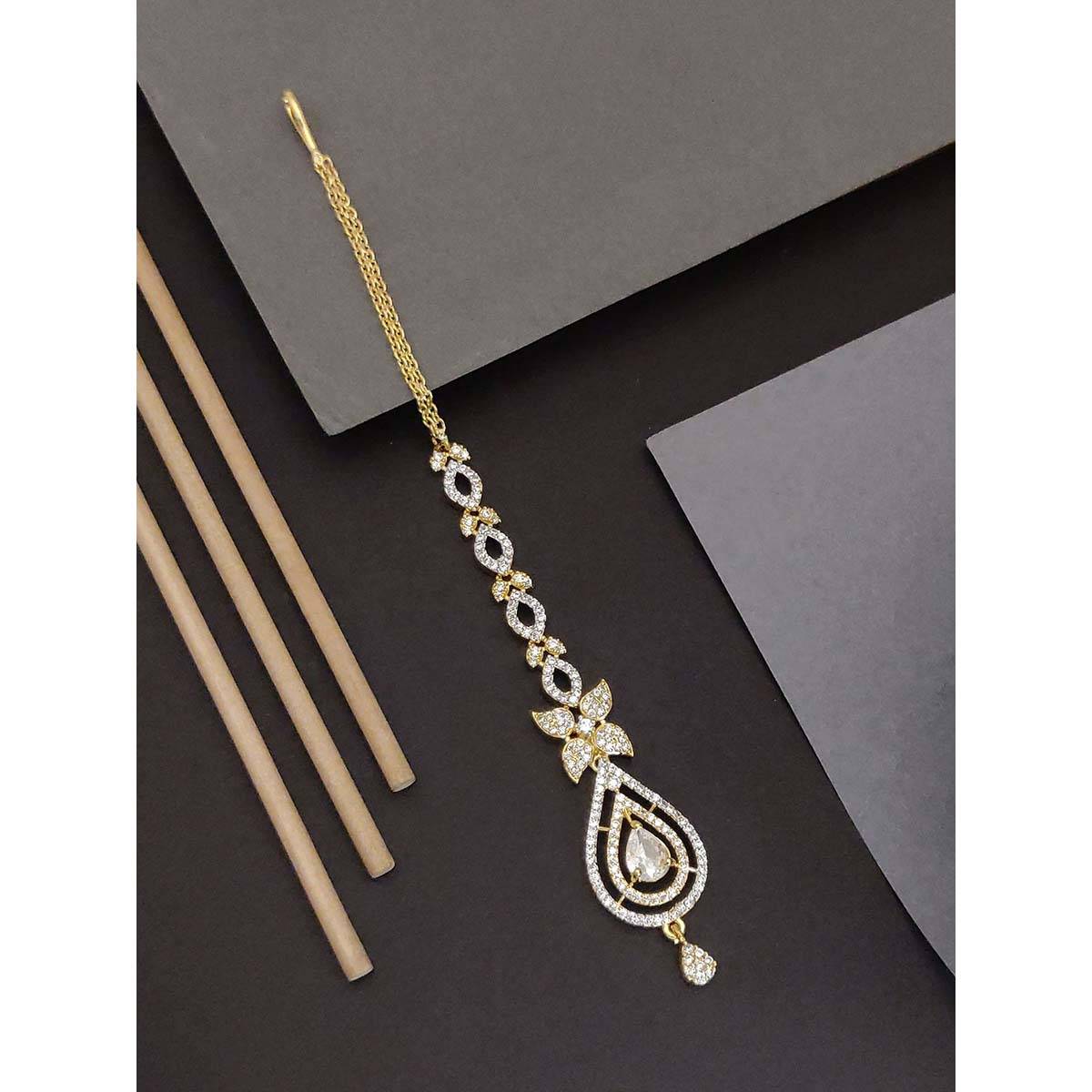 Abdesigns Elite Gold Plated White American Diamond Maangtikka