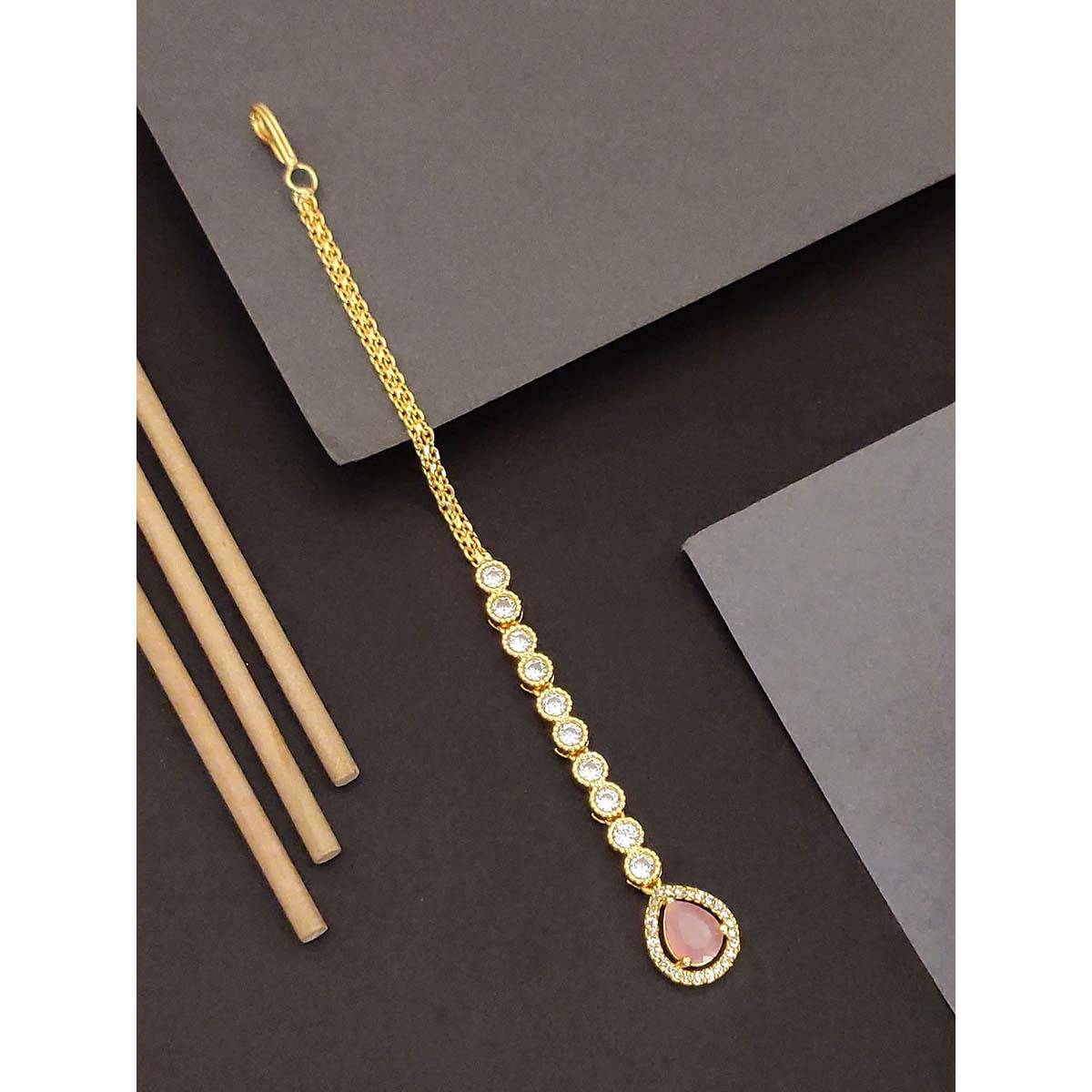 Abdesigns Elite Gold Plated Pink American Diamond Maangtikka
