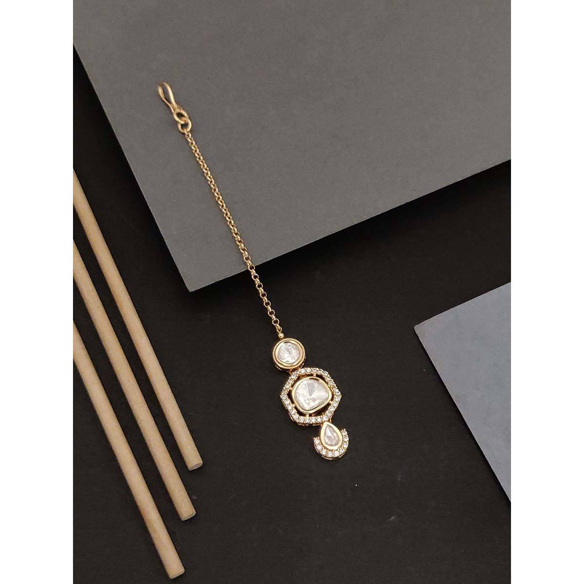 Abdesigns Gold Plated Hexagon White Kundan and Stone Studded Maangtikka