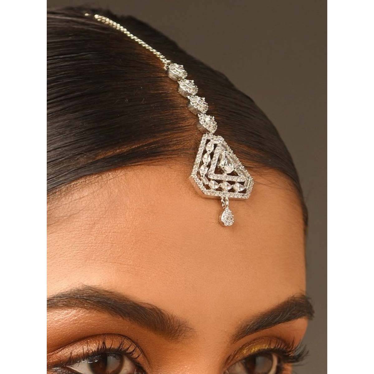Abdesigns Silver Plated American Diamond Studded Maangtikka