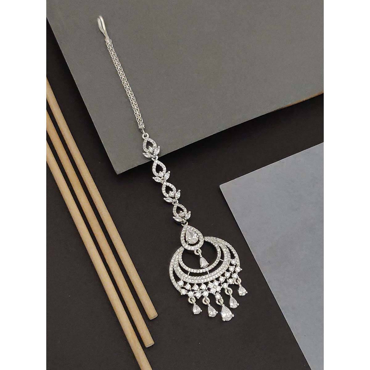 Abdesigns Stylish Silver Plated American Diamond Maangtikka