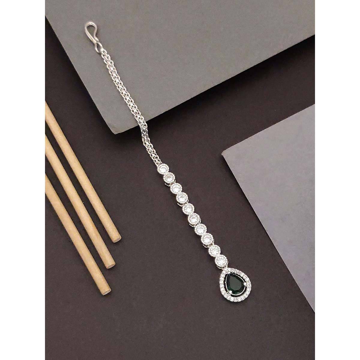 Abdesigns Elite Silver Plated Green American Diamond Maangtikka