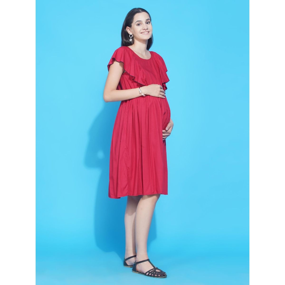 Mine4nine Womens Red Solid Ruffled Midi Maternity And Nursing Dress Buy