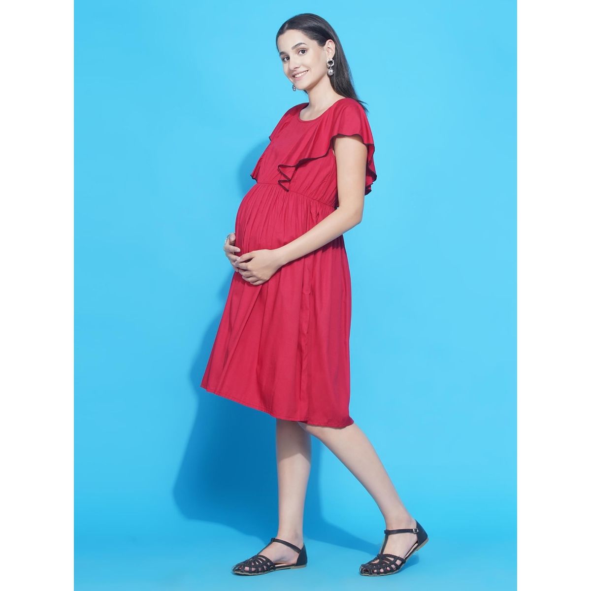 Mine4nine Womens Red Solid Ruffled Midi Maternity And Nursing Dress Buy