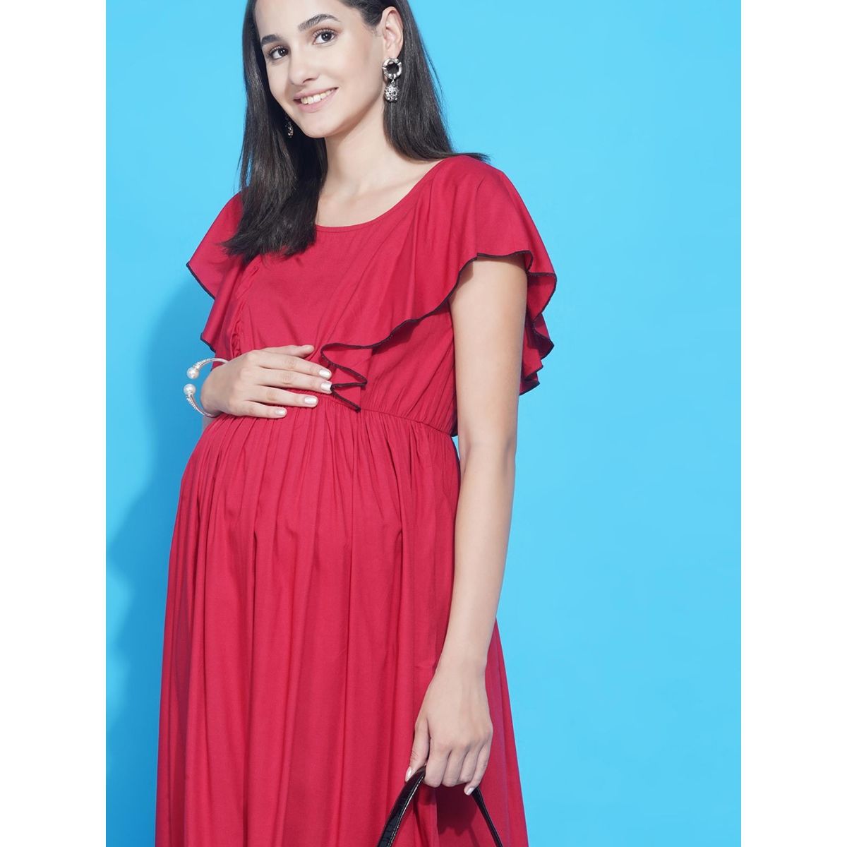 Mine4nine Womens Red Solid Ruffled Midi Maternity And Nursing Dress Buy