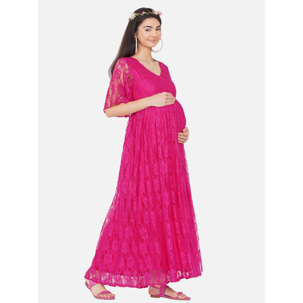Buy Mine4Nine Womens Maternity Solid Pink Color Maxi Baby Shower Dress Online