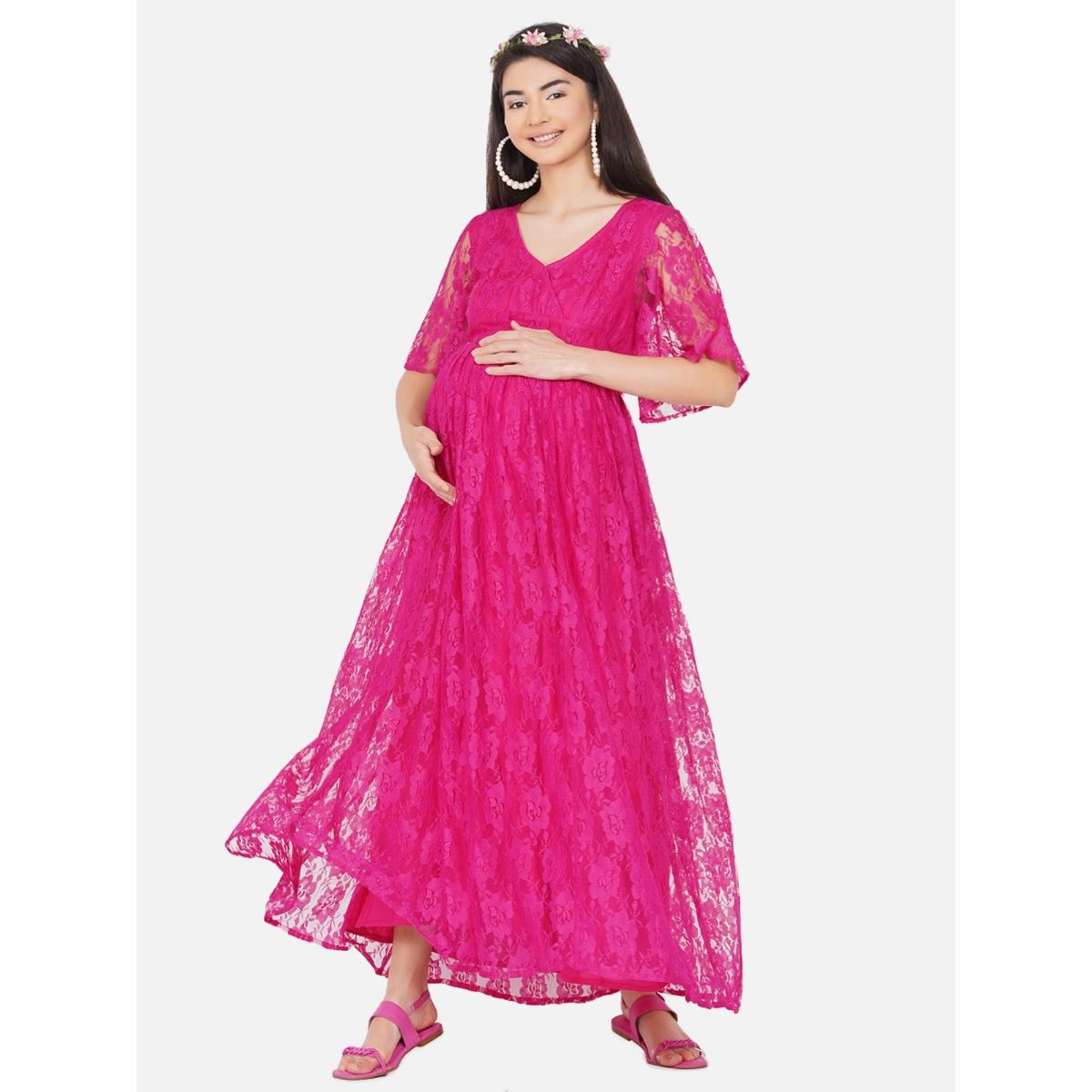 Buy Mine4Nine Womens Maternity Solid Pink Color Maxi Baby Shower Dress Online