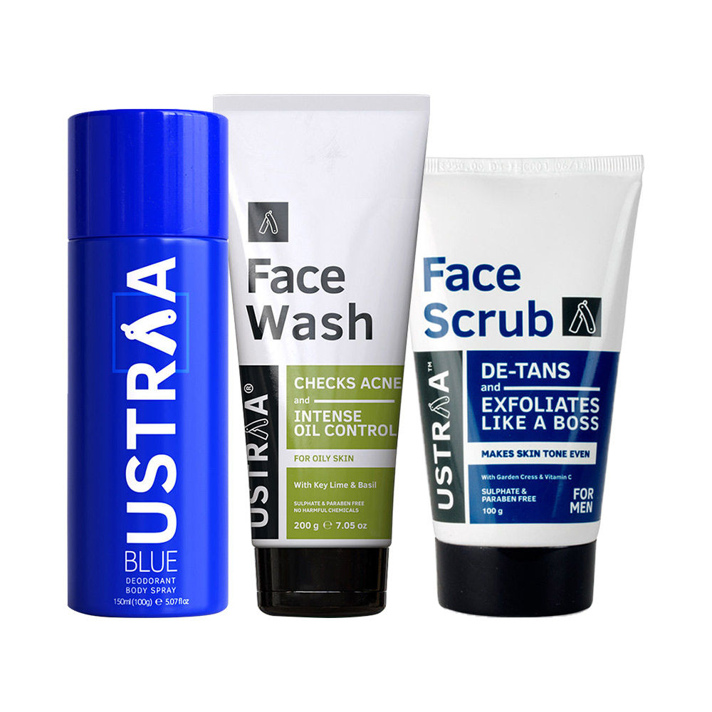Ustraa Blue Deodorant 150ml, Face Wash Oily Skin 200g & Detan Face