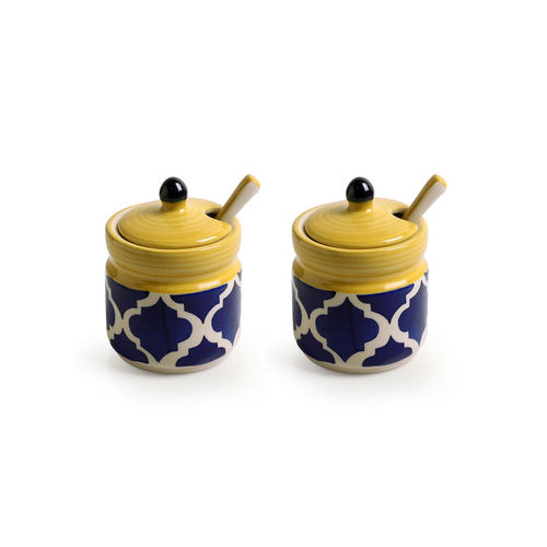 ExclusiveLane Handpainted Ceramic Pickle & Chutney Jars With Spoons (Set Of  2)