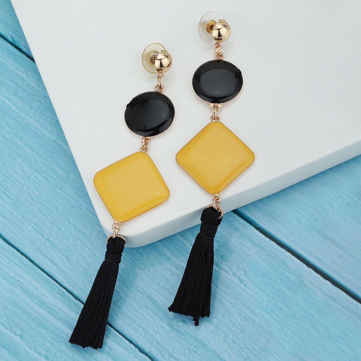 Carlton London Black & Mustard Yellow GoldPlated Tasselled Geometric