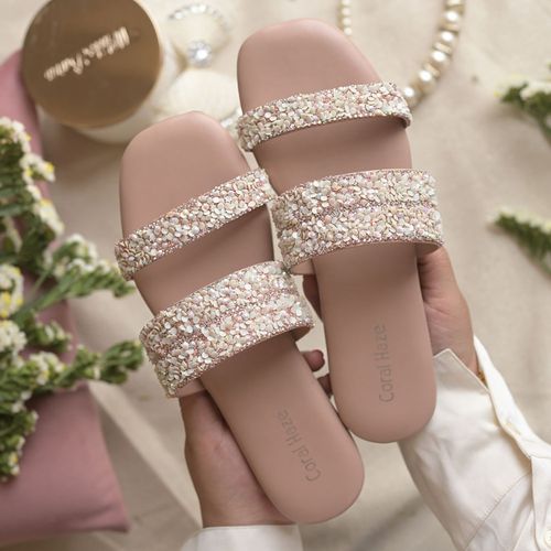 Buy Coral Haze Peach Glitter And Rhinestone Double Straps Flat