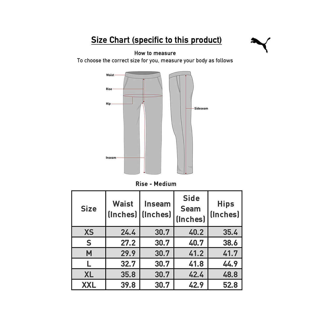 Puma mens best sale pants size chart