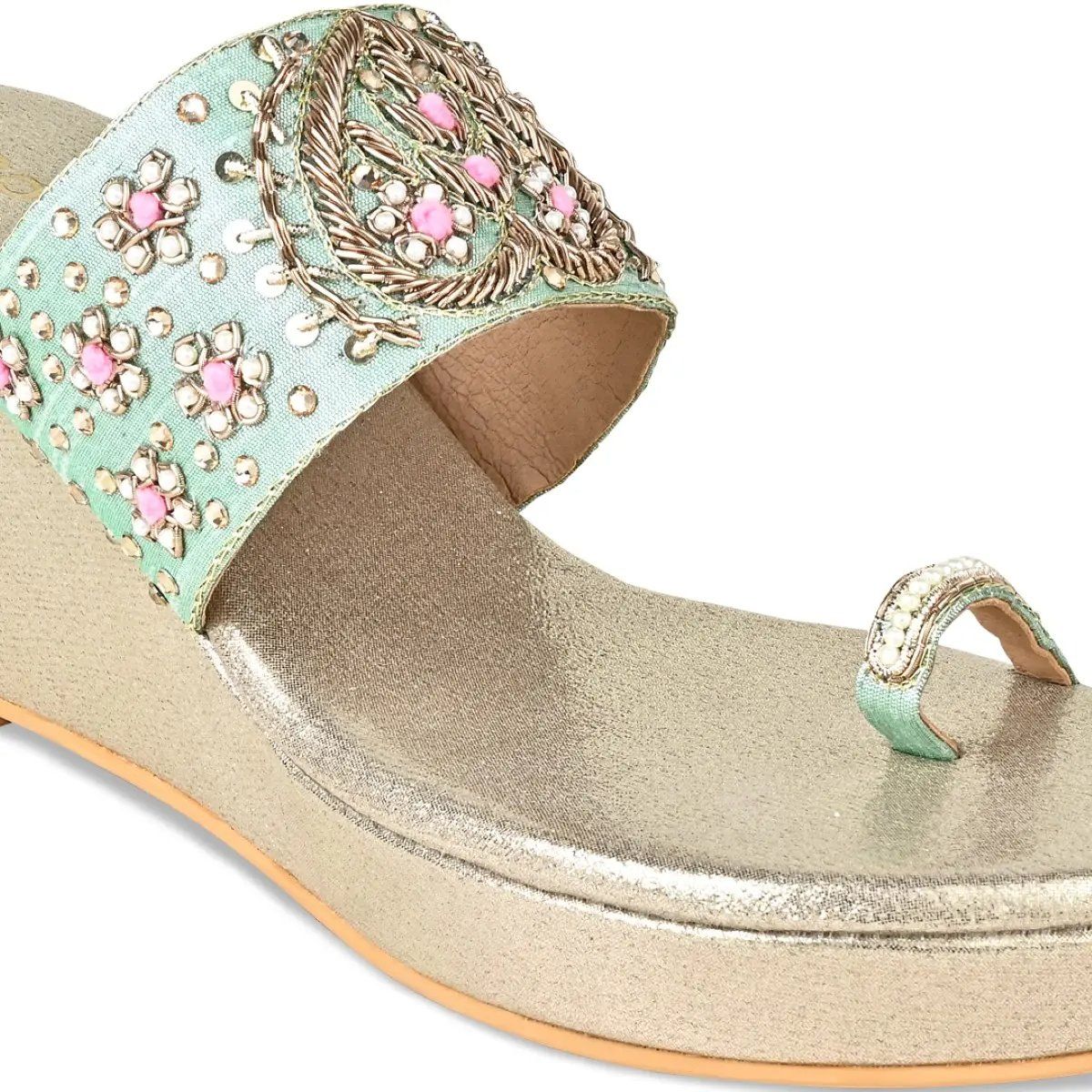 Buy ROCIA Green Women Solid Hand Embroidered Ethnic Wedges Online