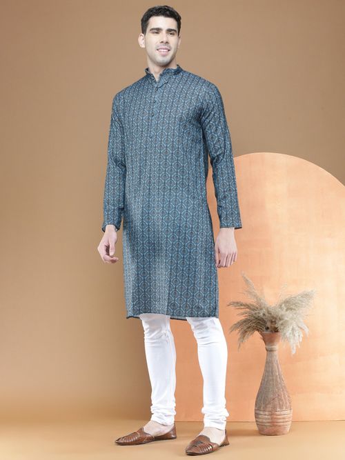 Buy Sanwara Traditional Denim Blue Printed Cotton Kurta with