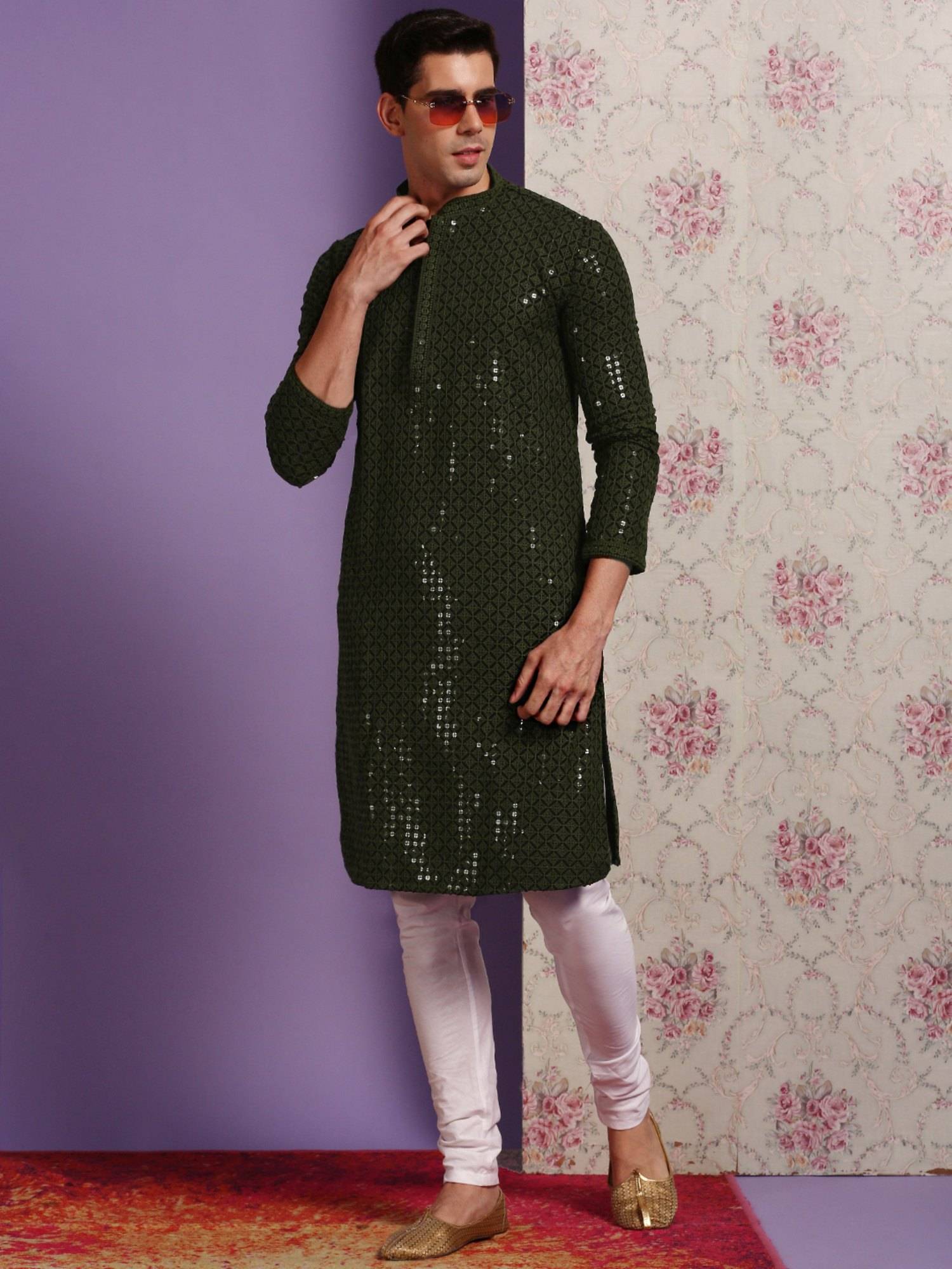 Buy Sanwara Mens Mehndi Sequins with Chikankari Wedding Kurta with ...