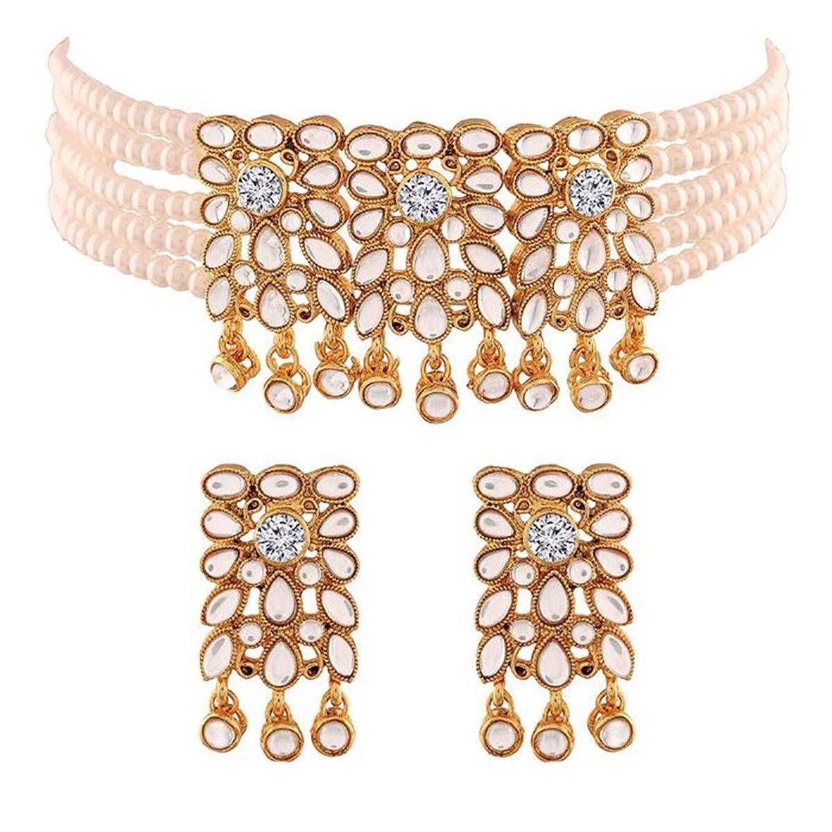 Peora Gold Plated Kundan Pearl Floral Choker Faux Pearl Necklace Earring Jewellery Set (PF37N236W)