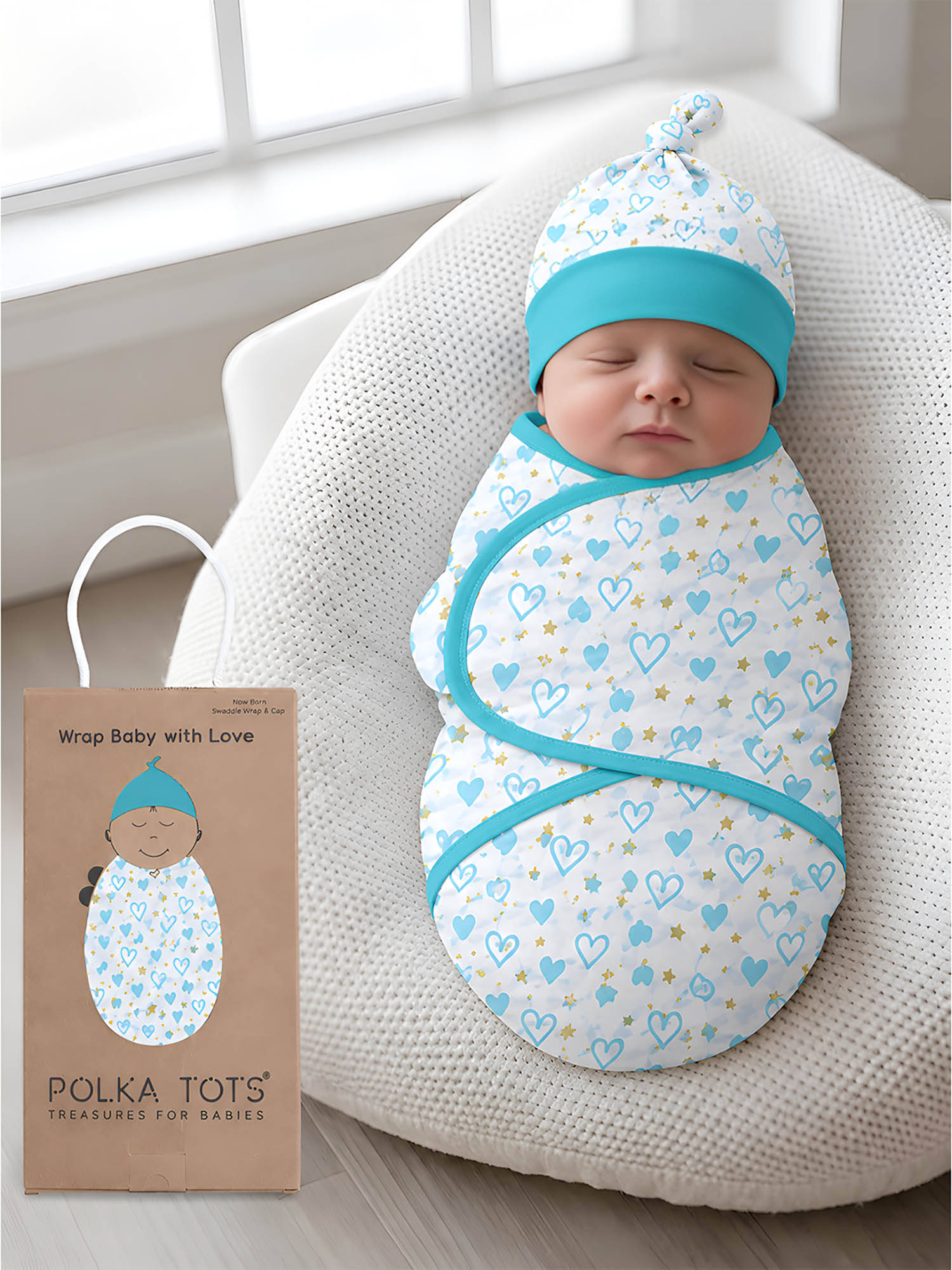 Polka Tots White Cotton Heart Swaddle Wrap With Cap