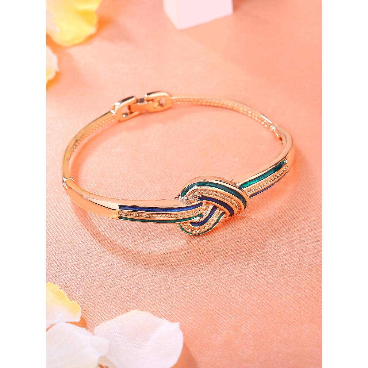 Estele Rose Gold Plated Knot Designer Bracelet with Green and Blue Enamel for Women