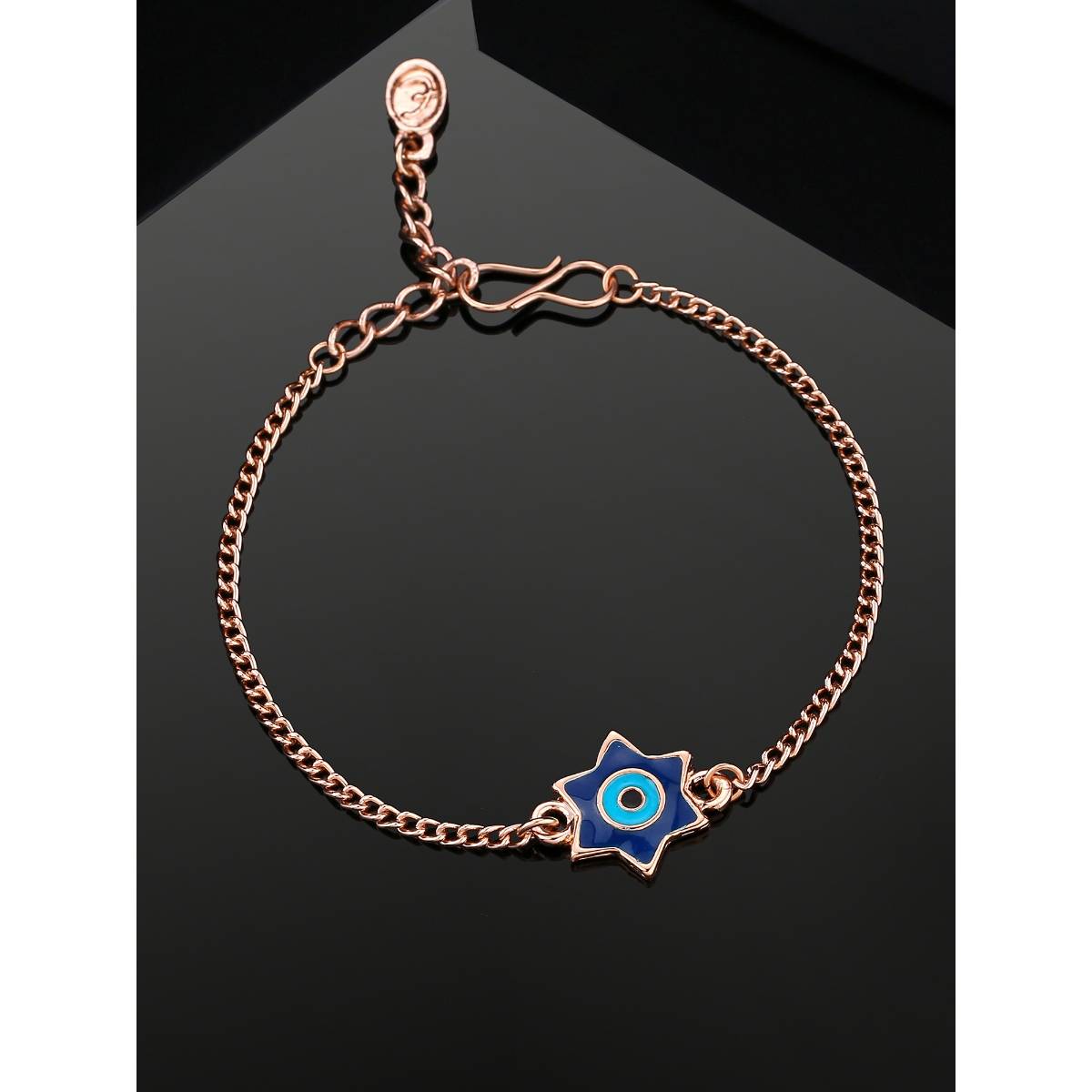 Estele Rose Gold Plated Star Evil Eye Charm Bracelet with Navy Blue Enamel for Women