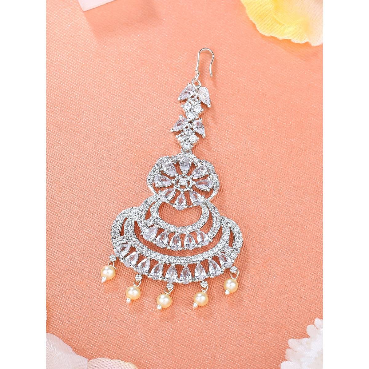 Estele Rhodium Plated Cubic Zirconia Dazzling Maang Tikka with White Stones for Women