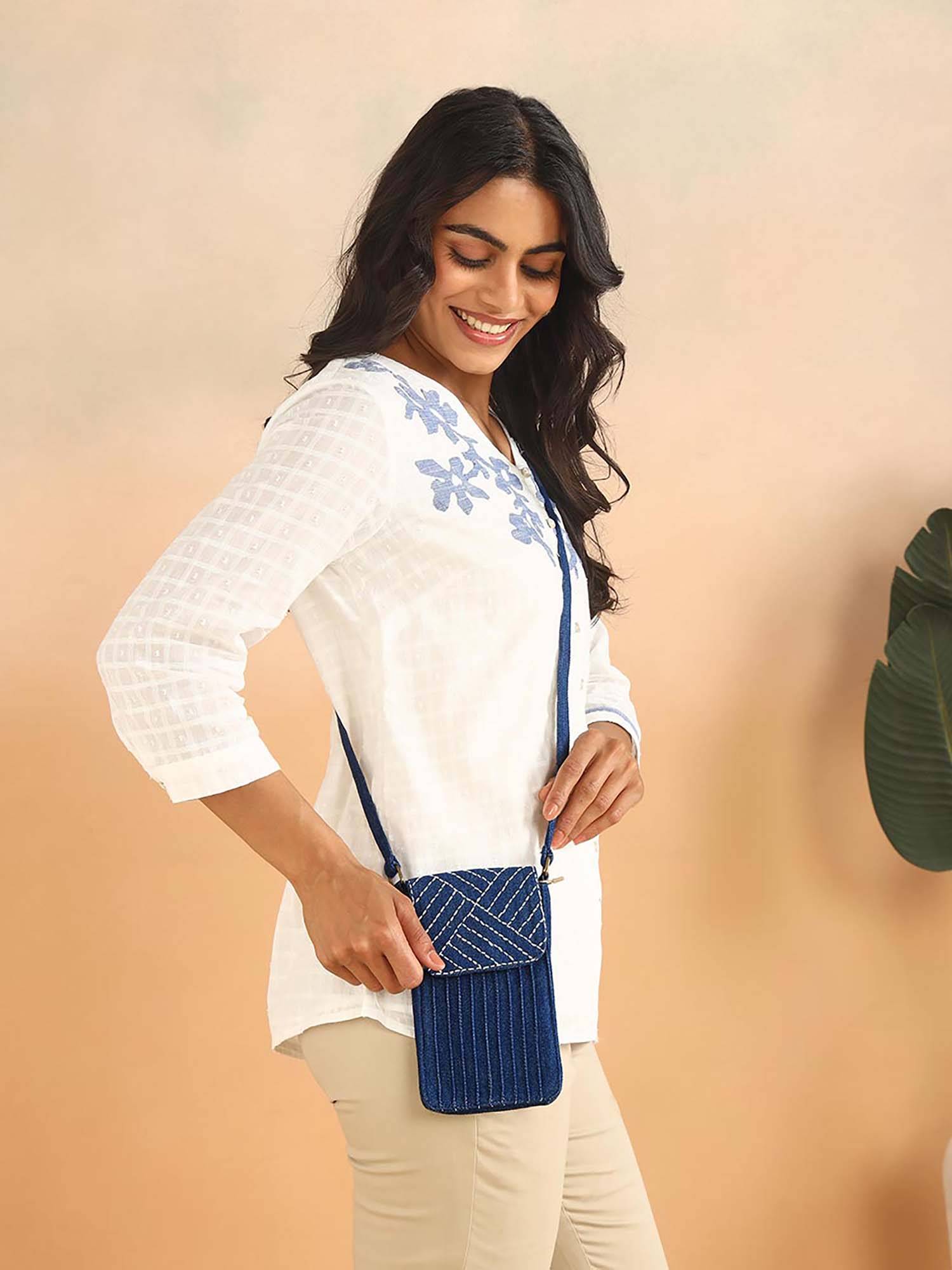 Fabindia Navy Blue Hand Embroidered Mobile Pouch