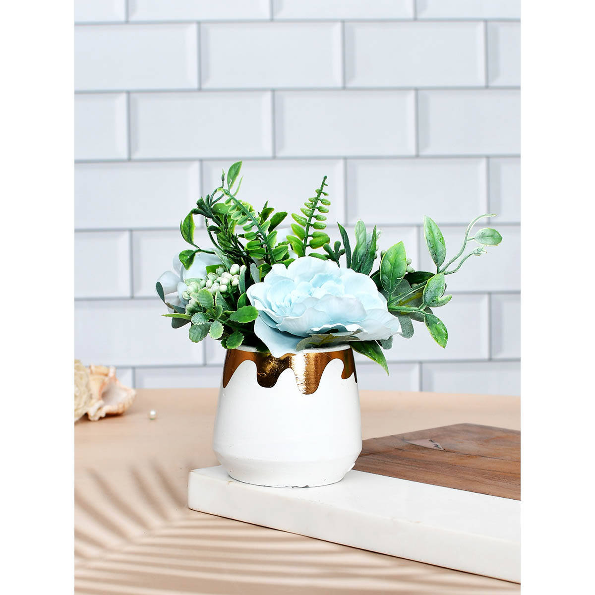 Tayhaa Enchanting Artificial Blue Bloom In White Planter