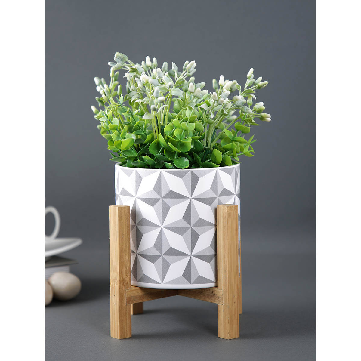 Tayhaa Ceramic Matte Planter with Wooden Stand