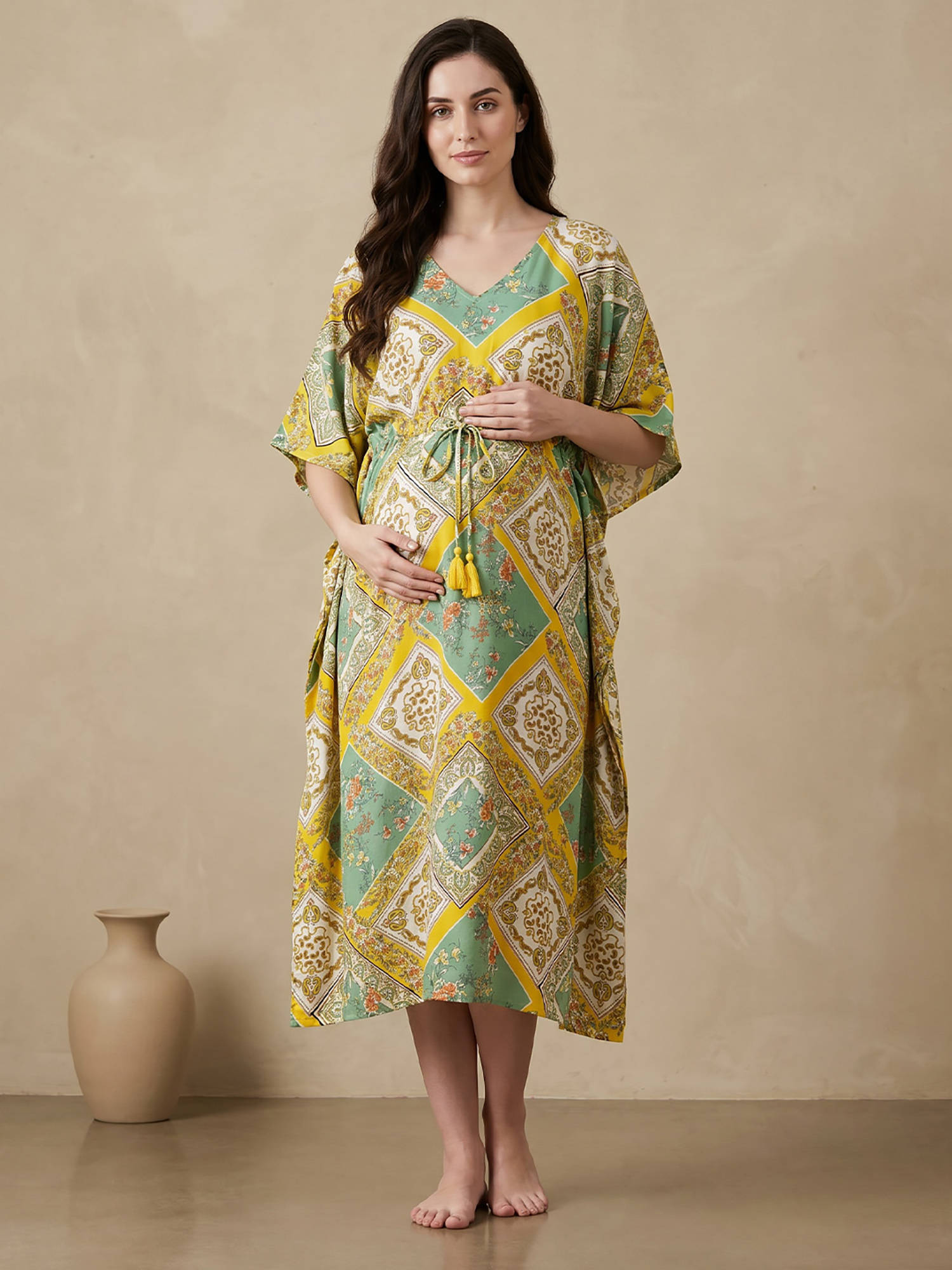 Secret Wish Yellow Printed Rayon Maternity Kaftan