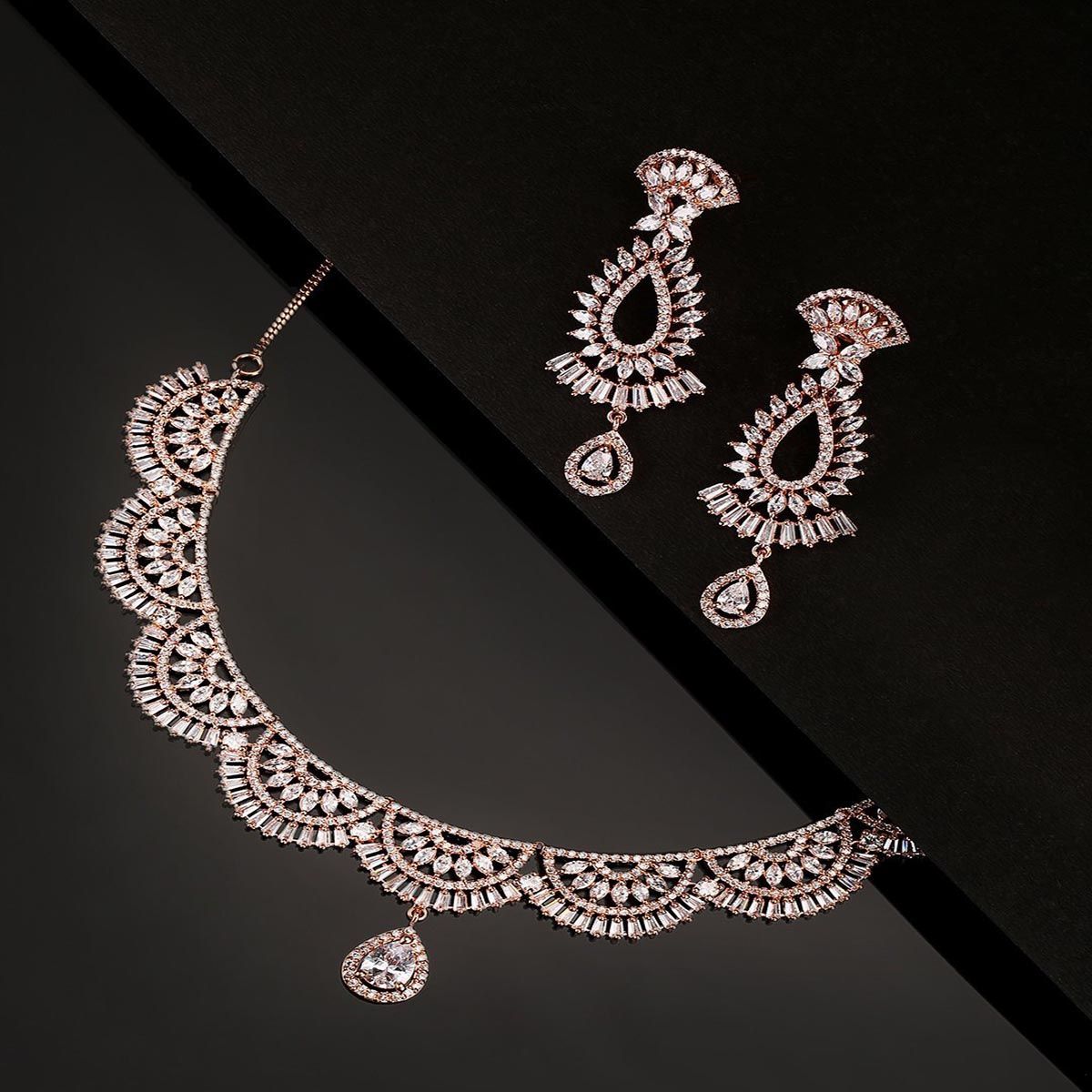 Priyaasi Rose Gold Plated CZ And Ad Studded Beautiful Pattern Jewellery Set