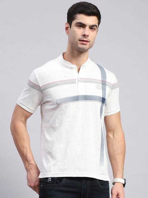 Buy Monte Carlo Mens White Printed Mandarin Collar Half Sleeve