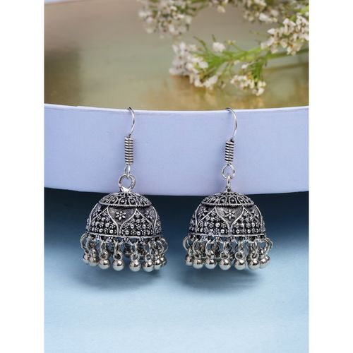 NVR German Silver Oxidized Floral Design Jhumka Earrings