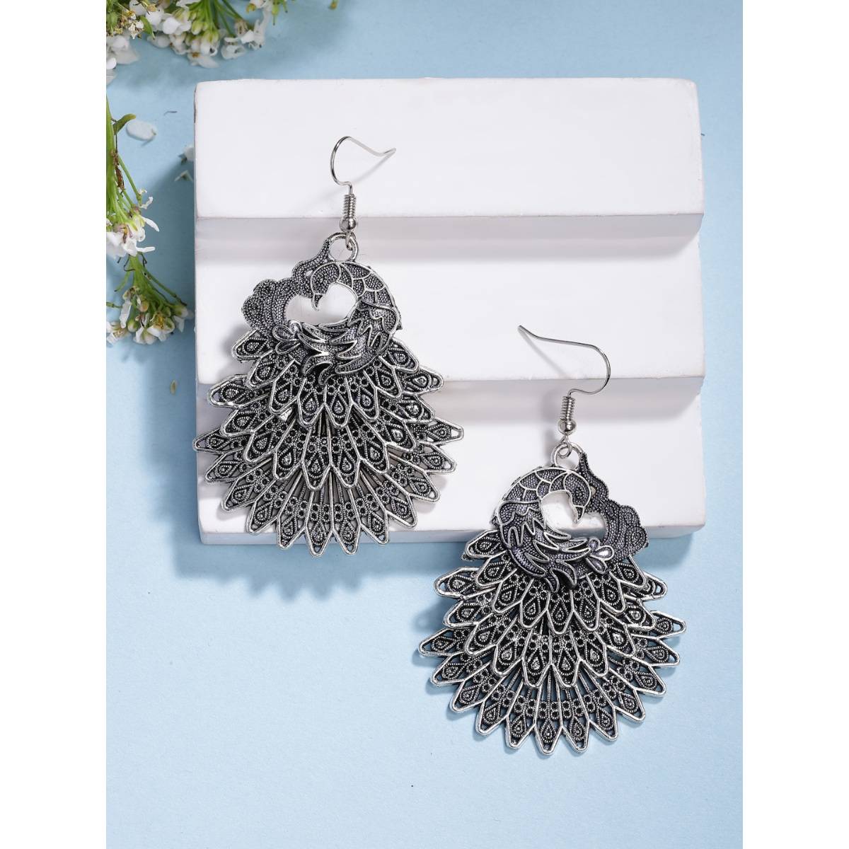 NVR Silver Toned Oxidized Peacock Design Drop Earrings