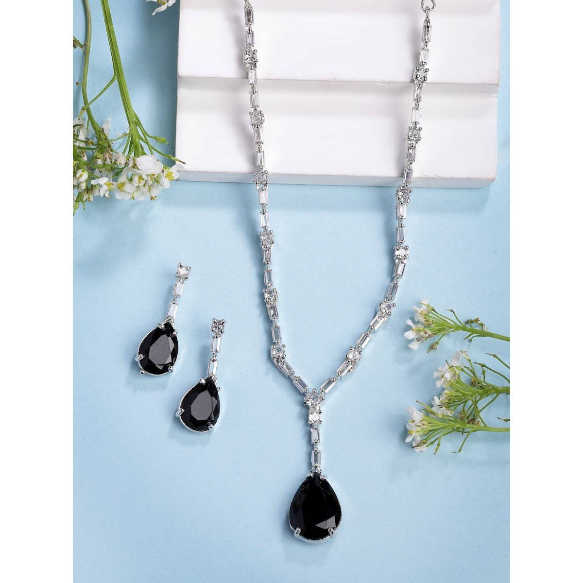 NVR Silver-Plated Black American Diamond-Studded Handcrafted Jewellery Set