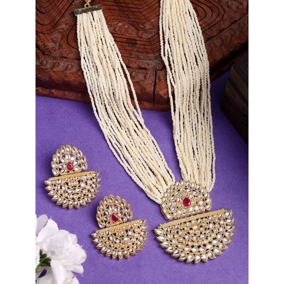 NVR Gold Toned Red Stones and Kundan Studded Jewellery Set