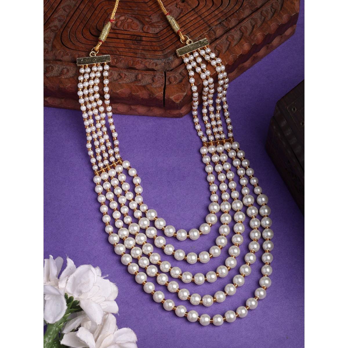 NVR Handcrafted White Beaded Layered Necklace