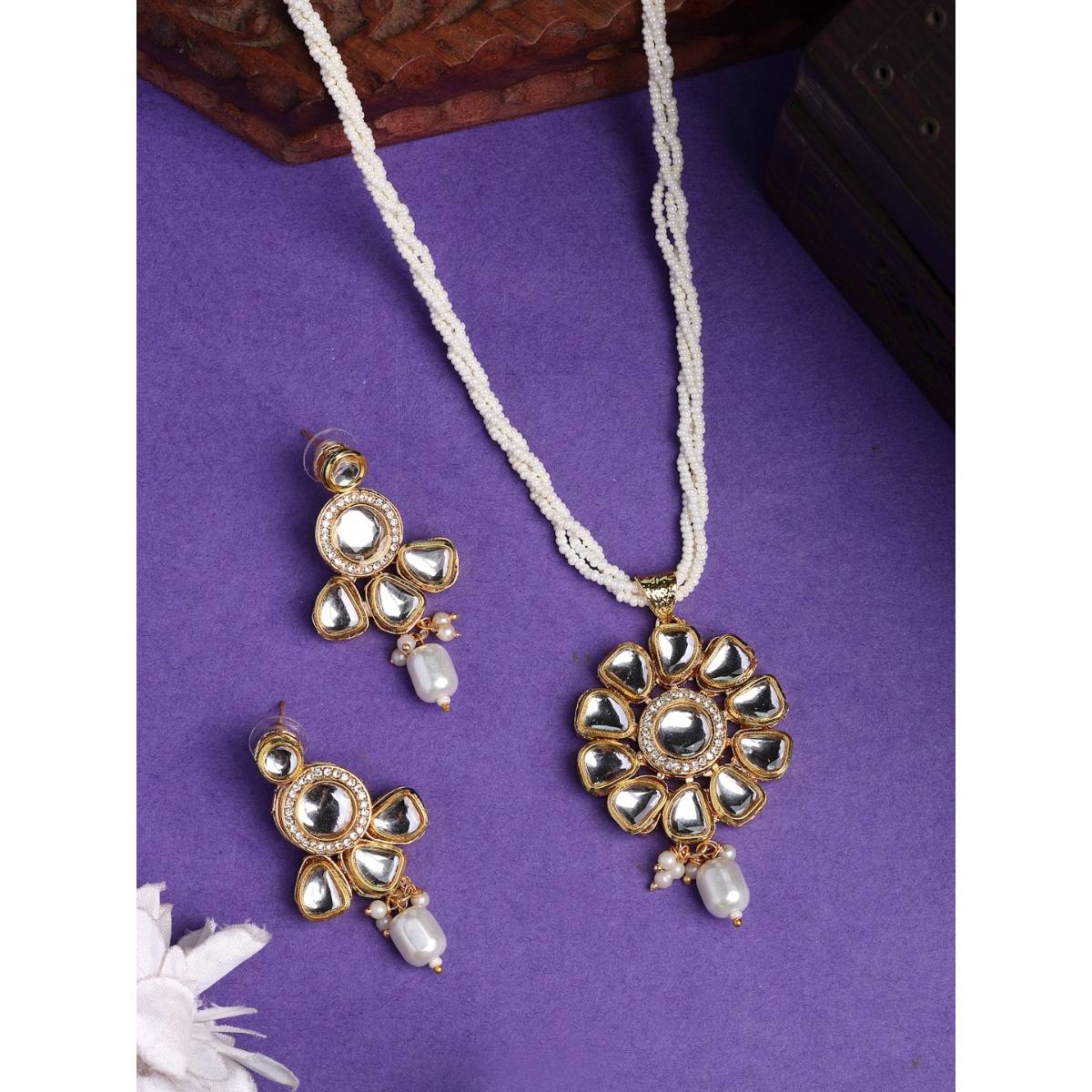 NVR Gold Plated Kundan Studded and Pearls Long Jewellery Set
