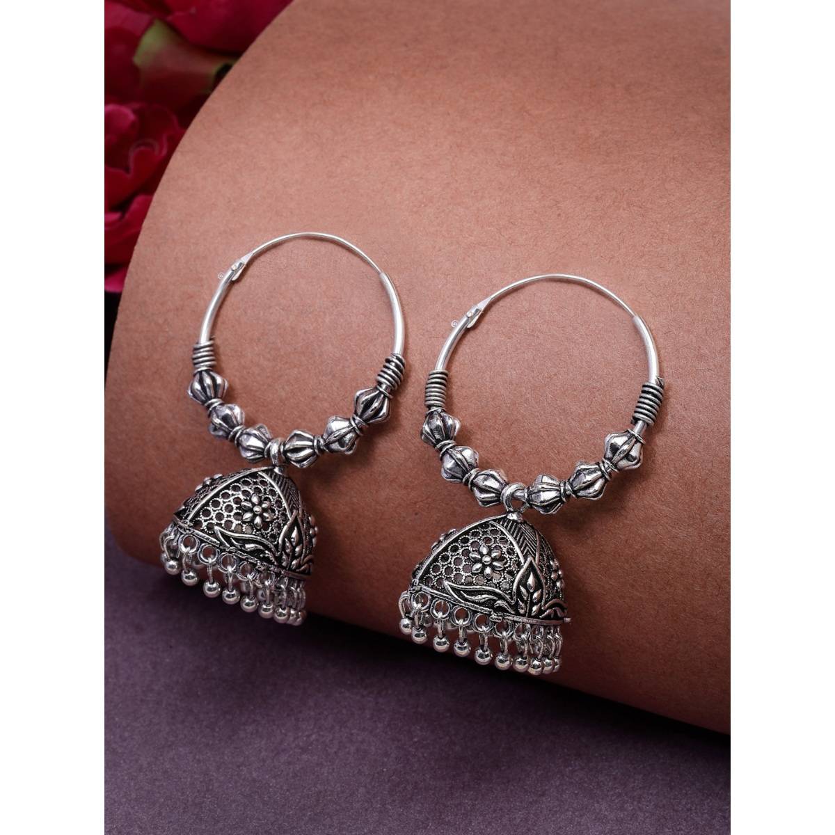 NVR Silver Plated Oxidized Contemporary Jhumka Earrings