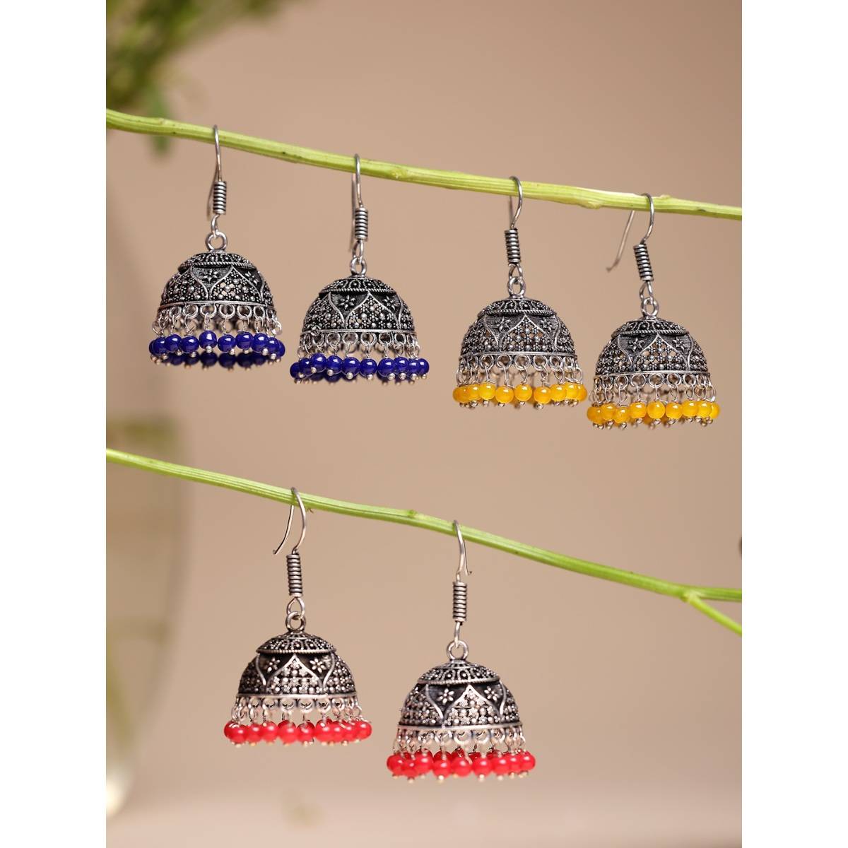 NVR Oxidized Silver Plated Multicolor Artificial Beads Jhumka Earrings (Set of 3)