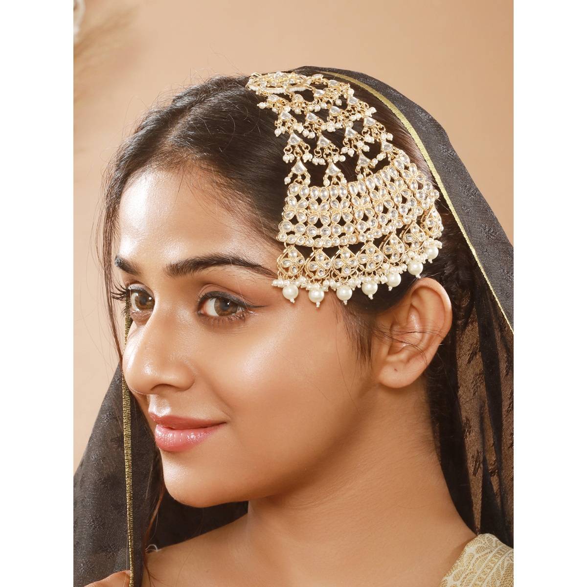 Aatmana Gold-Plated Kundan Studded Jhumar Passa Head Jewellery