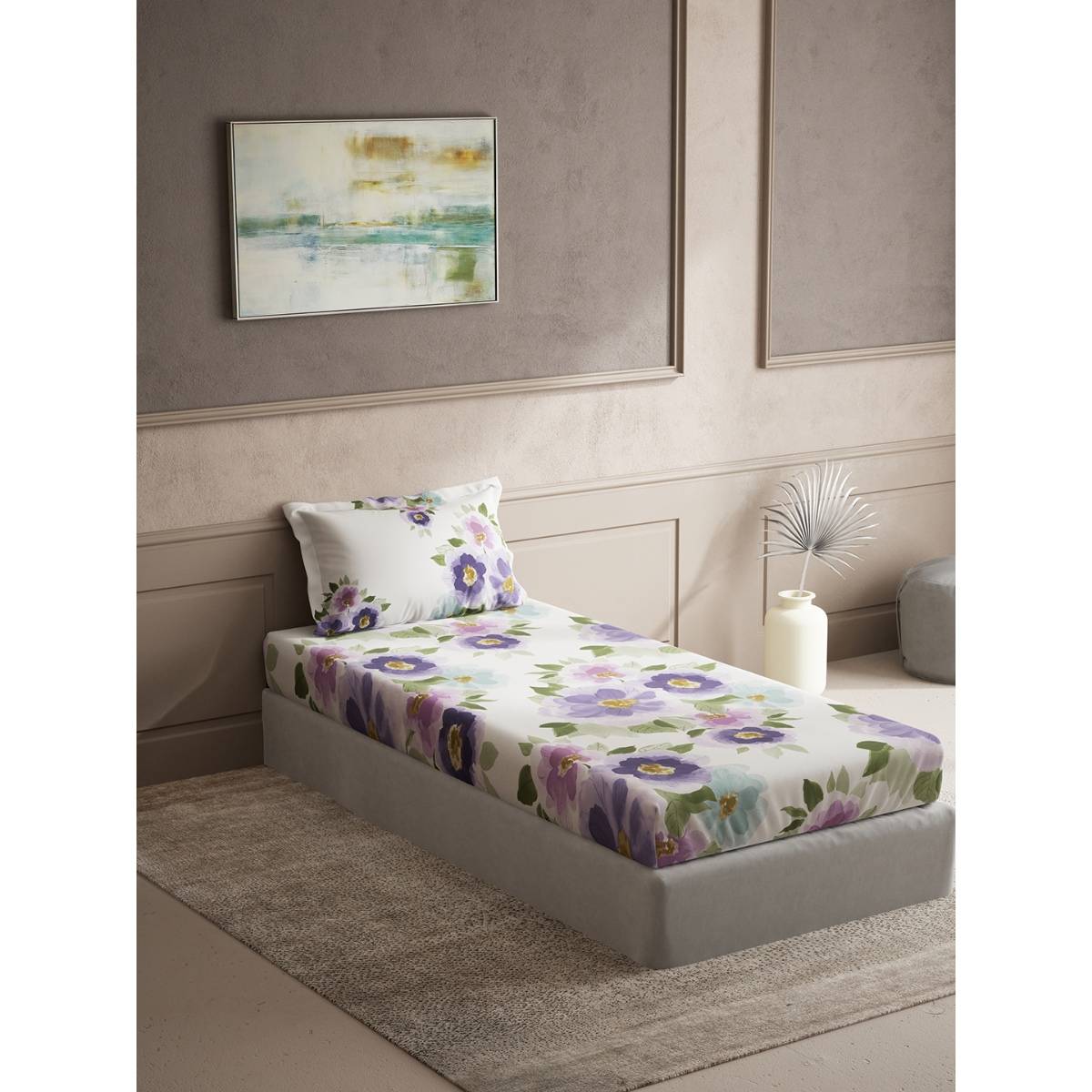 Ddecor Live Beautiful Cotton Floral Single 150 TC Bedsheet with 1 Pillow Cover - Purple